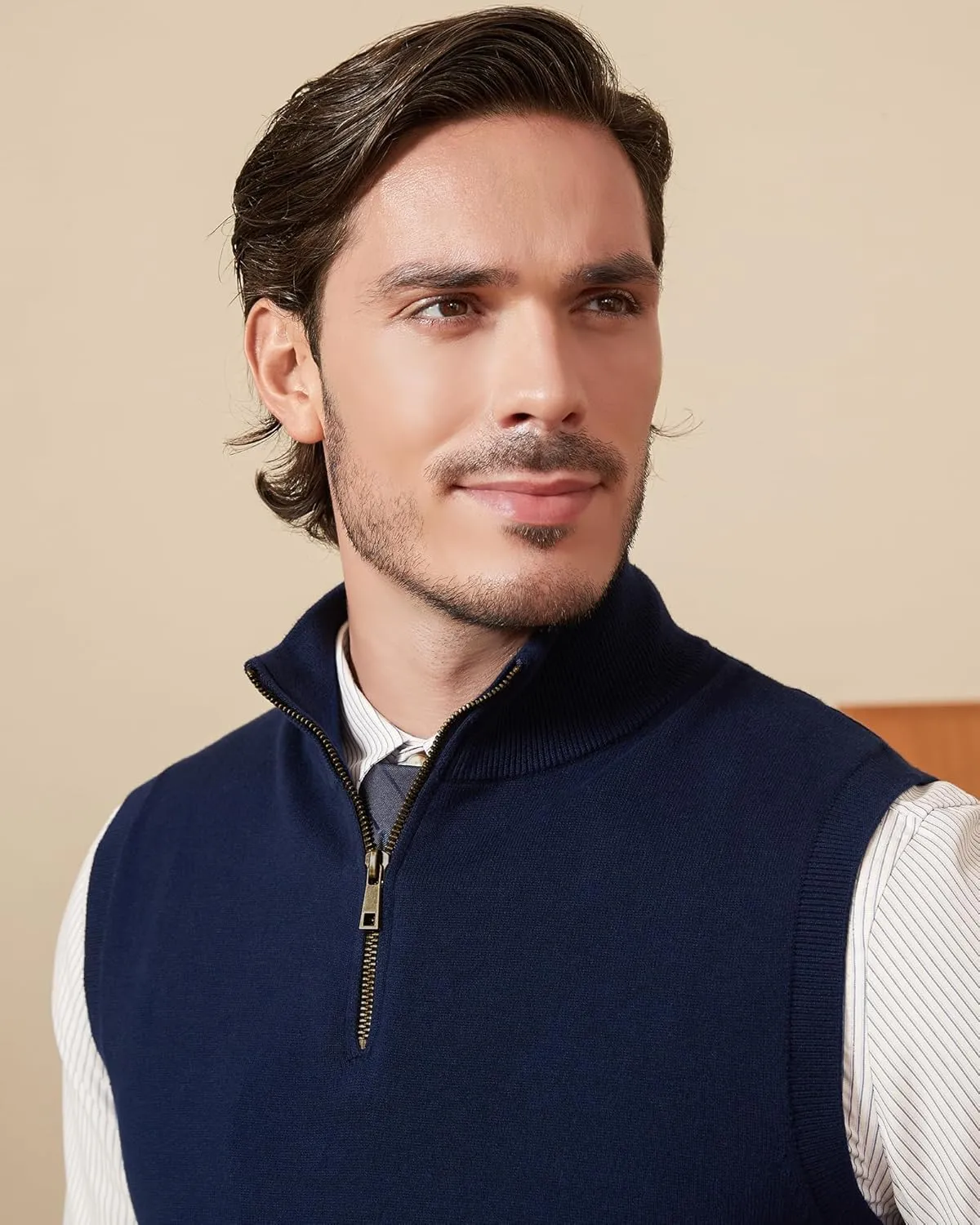 Kallspin Mens Pure Cotton Quarter Zipper Sweater Vest V-Neck Lightweight Sleeveless Knitted Pullover
