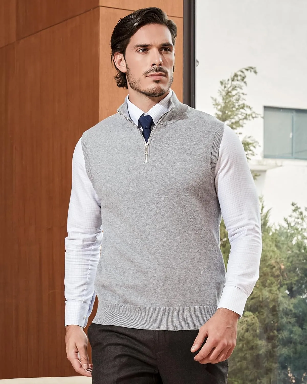 Kallspin Mens Pure Cotton Quarter Zipper Sweater Vest V-Neck Lightweight Sleeveless Knitted Pullover