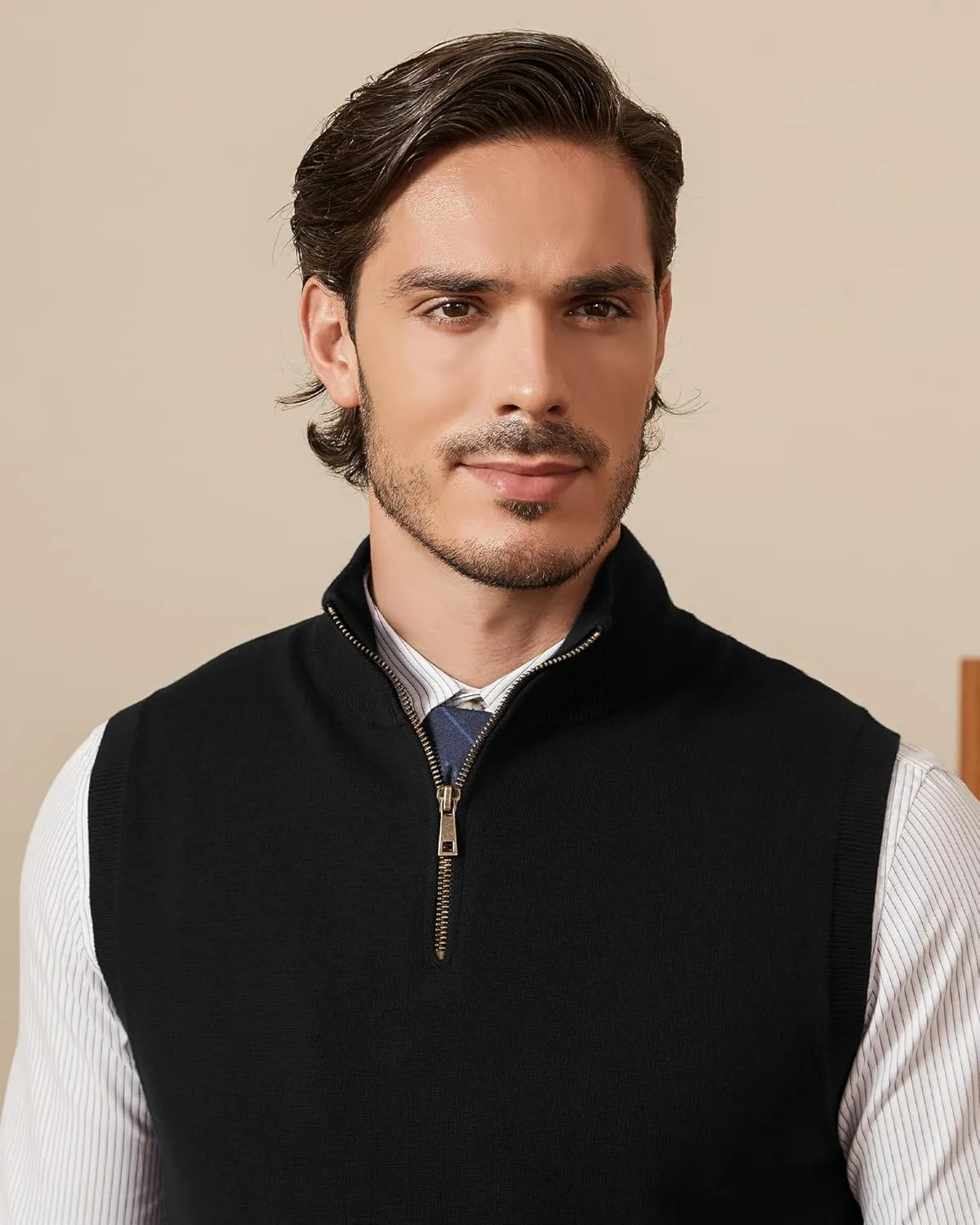 Kallspin Mens Pure Cotton Quarter Zipper Sweater Vest V-Neck Lightweight Sleeveless Knitted Pullover