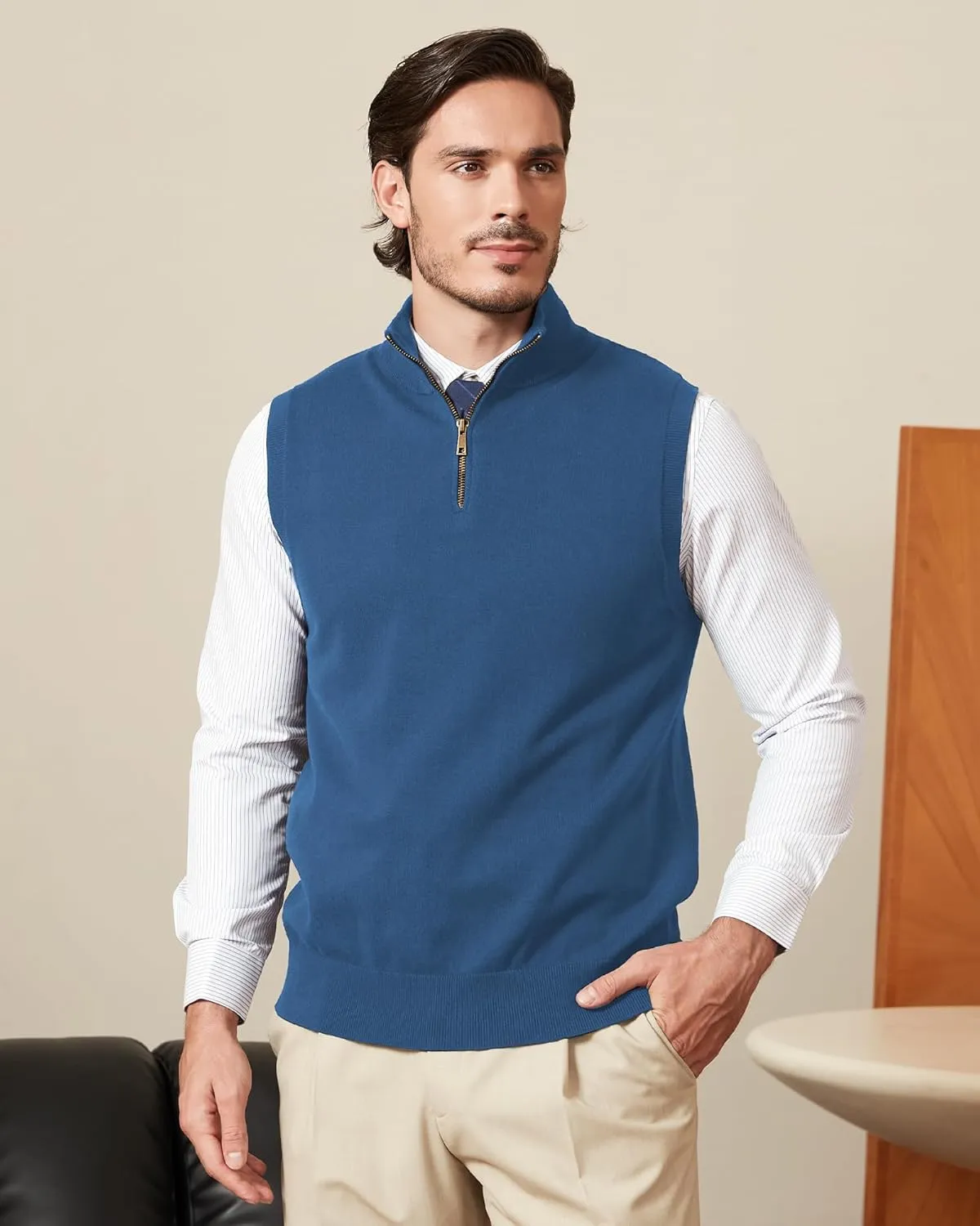 Kallspin Mens Pure Cotton Quarter Zipper Sweater Vest V-Neck Lightweight Sleeveless Knitted Pullover