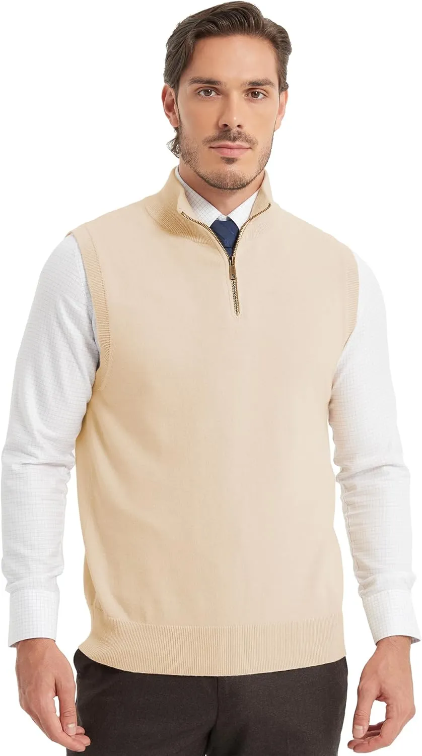 Kallspin Mens Pure Cotton Quarter Zipper Sweater Vest V-Neck Lightweight Sleeveless Knitted Pullover