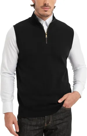 Kallspin Mens Pure Cotton Quarter Zipper Sweater Vest V-Neck Lightweight Sleeveless Knitted Pullover