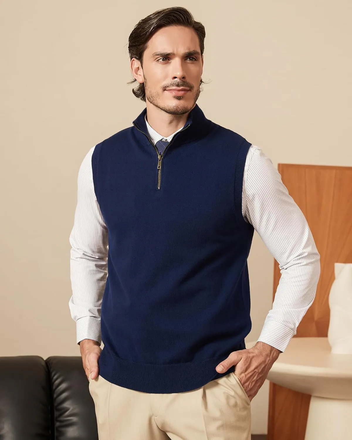 Kallspin Mens Pure Cotton Quarter Zipper Sweater Vest V-Neck Lightweight Sleeveless Knitted Pullover