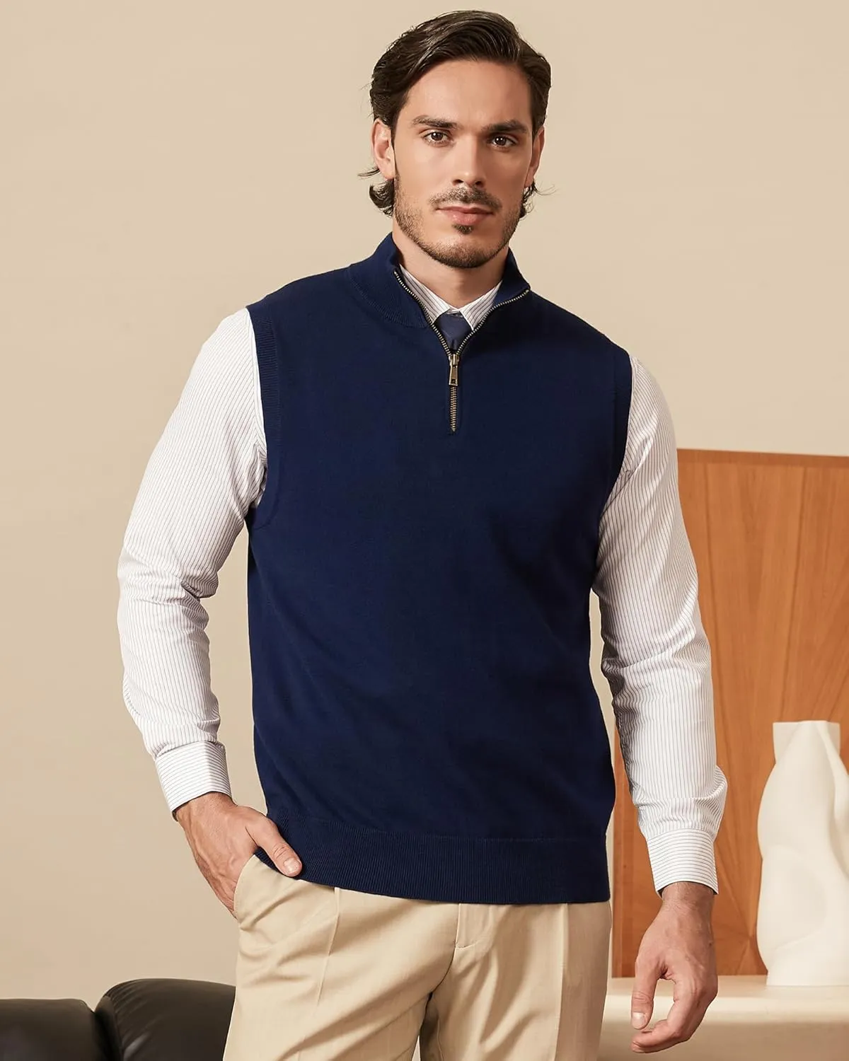 Kallspin Mens Pure Cotton Quarter Zipper Sweater Vest V-Neck Lightweight Sleeveless Knitted Pullover