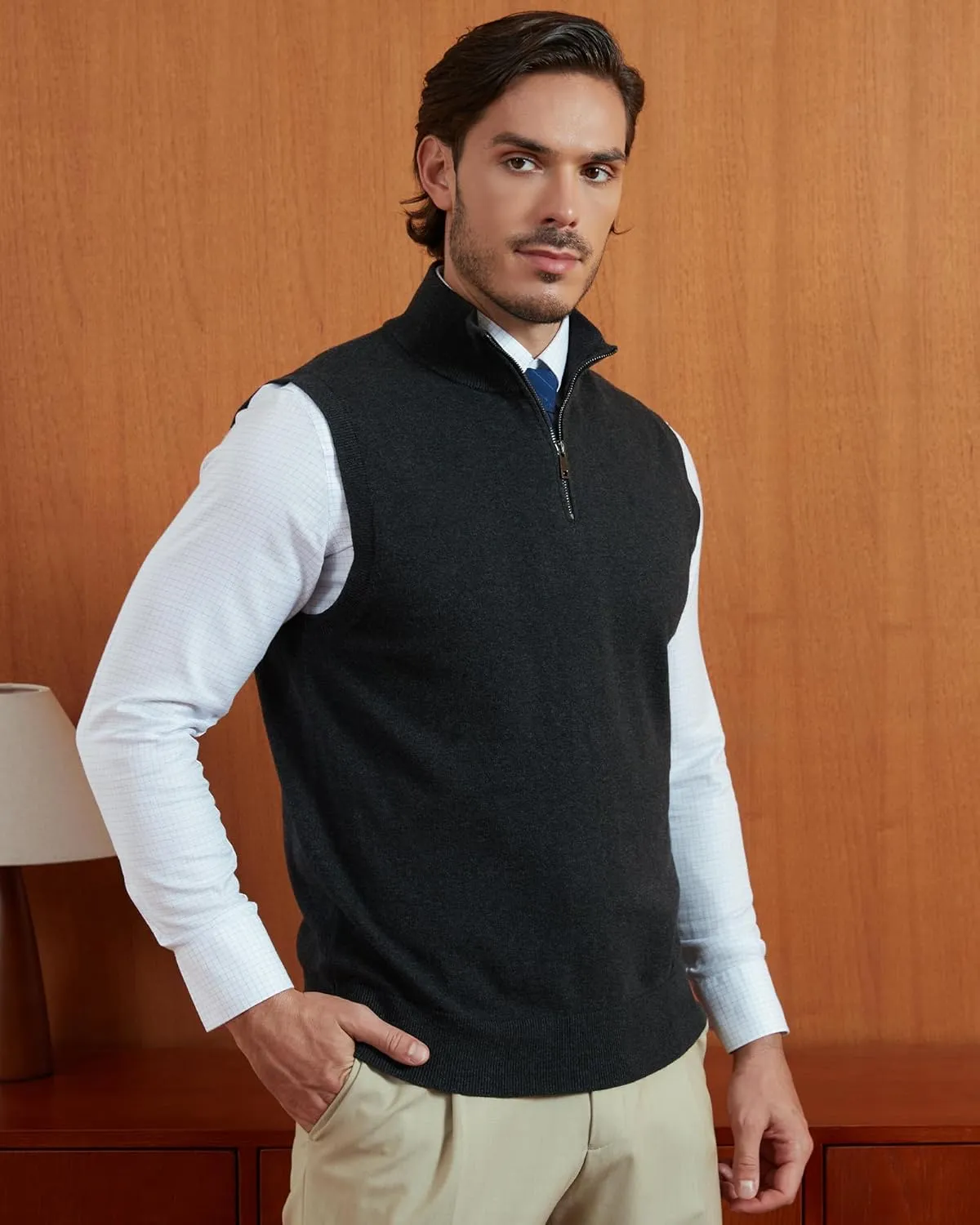 Kallspin Mens Pure Cotton Quarter Zipper Sweater Vest V-Neck Lightweight Sleeveless Knitted Pullover