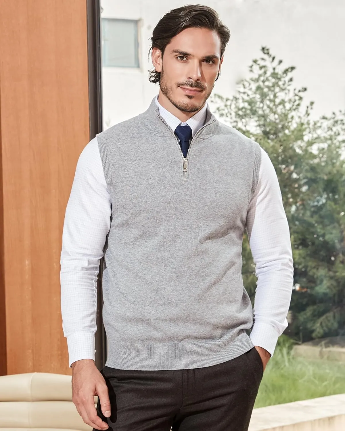 Kallspin Mens Pure Cotton Quarter Zipper Sweater Vest V-Neck Lightweight Sleeveless Knitted Pullover