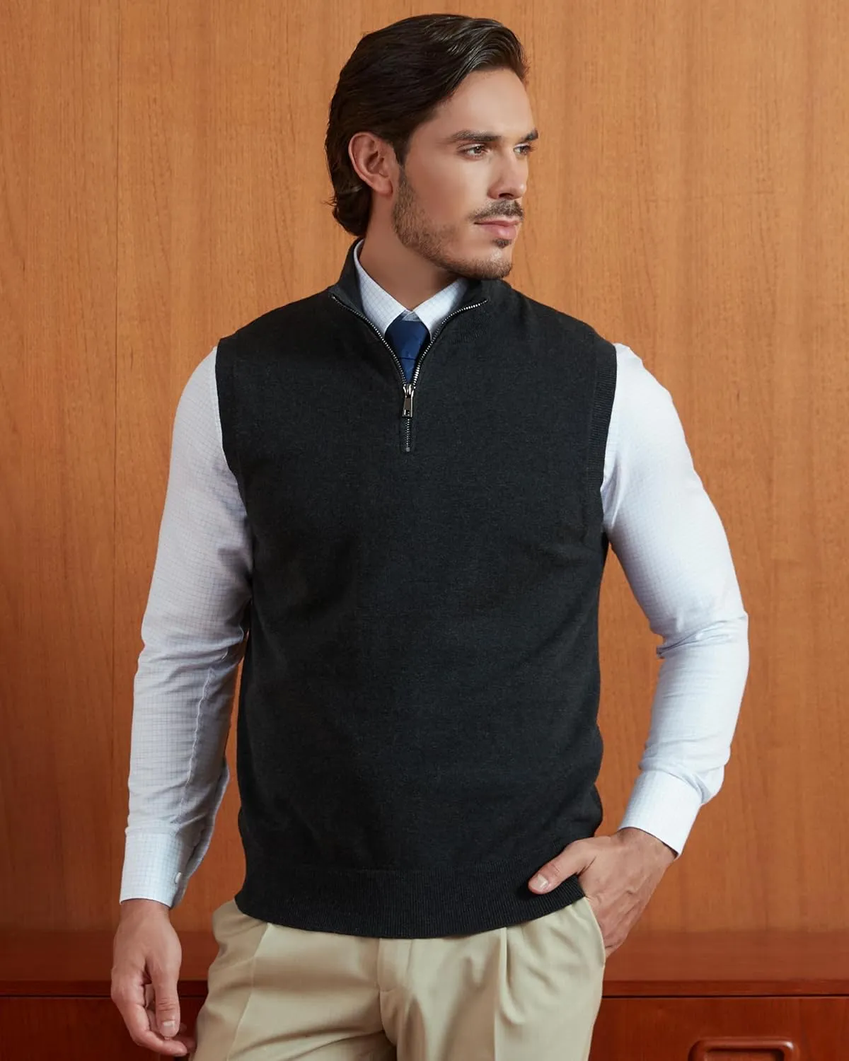 Kallspin Mens Pure Cotton Quarter Zipper Sweater Vest V-Neck Lightweight Sleeveless Knitted Pullover