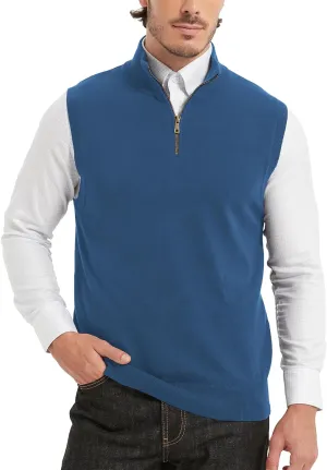 Kallspin Mens Pure Cotton Quarter Zipper Sweater Vest V-Neck Lightweight Sleeveless Knitted Pullover