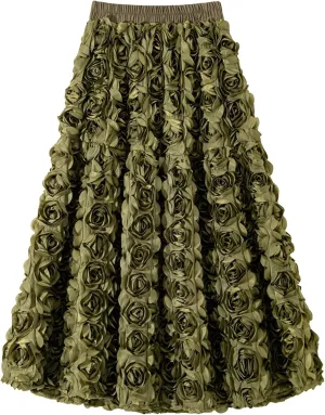 LETSVDO Women's 3D Floral Tulle Maxi Skirt High Waisted Rose Flower Applique Fluffy Fairy Flowy A Line Formal Skirts