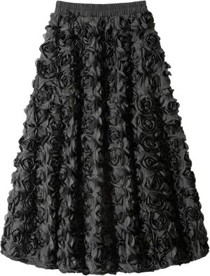 LETSVDO Women's 3D Floral Tulle Maxi Skirt High Waisted Rose Flower Applique Fluffy Fairy Flowy A Line Formal Skirts