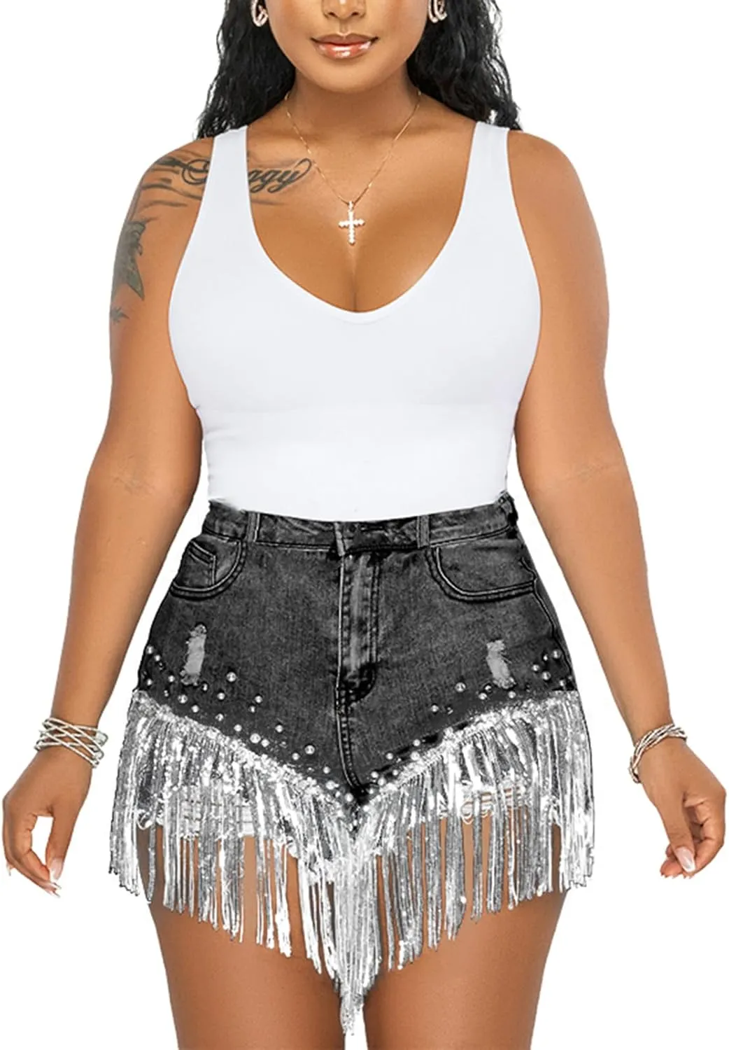 LifeShe Women Denim Short Rhinestone Pearl Beaded Fringe Tassel Jean Short