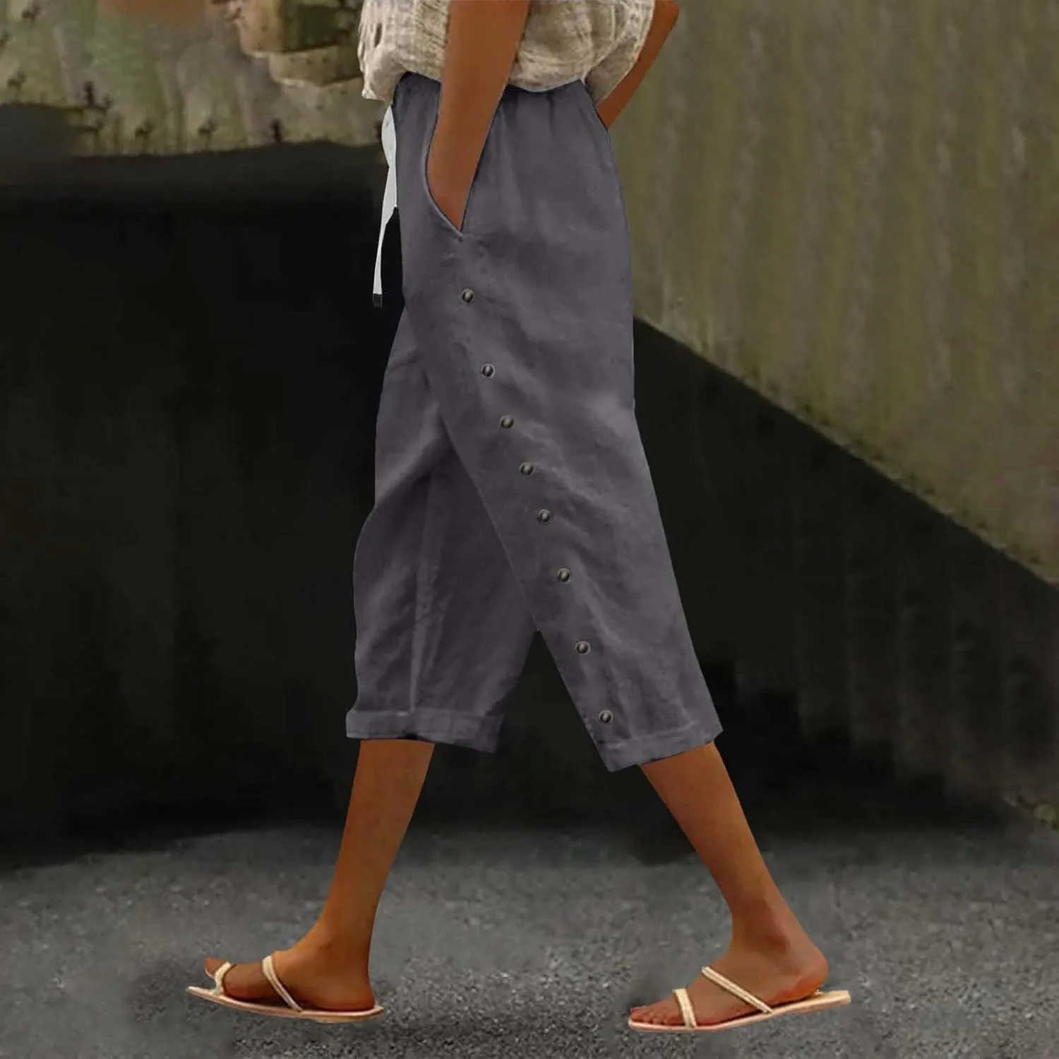 Linen Capri Pants for Women High Waisted Summer Capri Pants Elastic Waist Cotton Linen Yoga Cropped Trousers