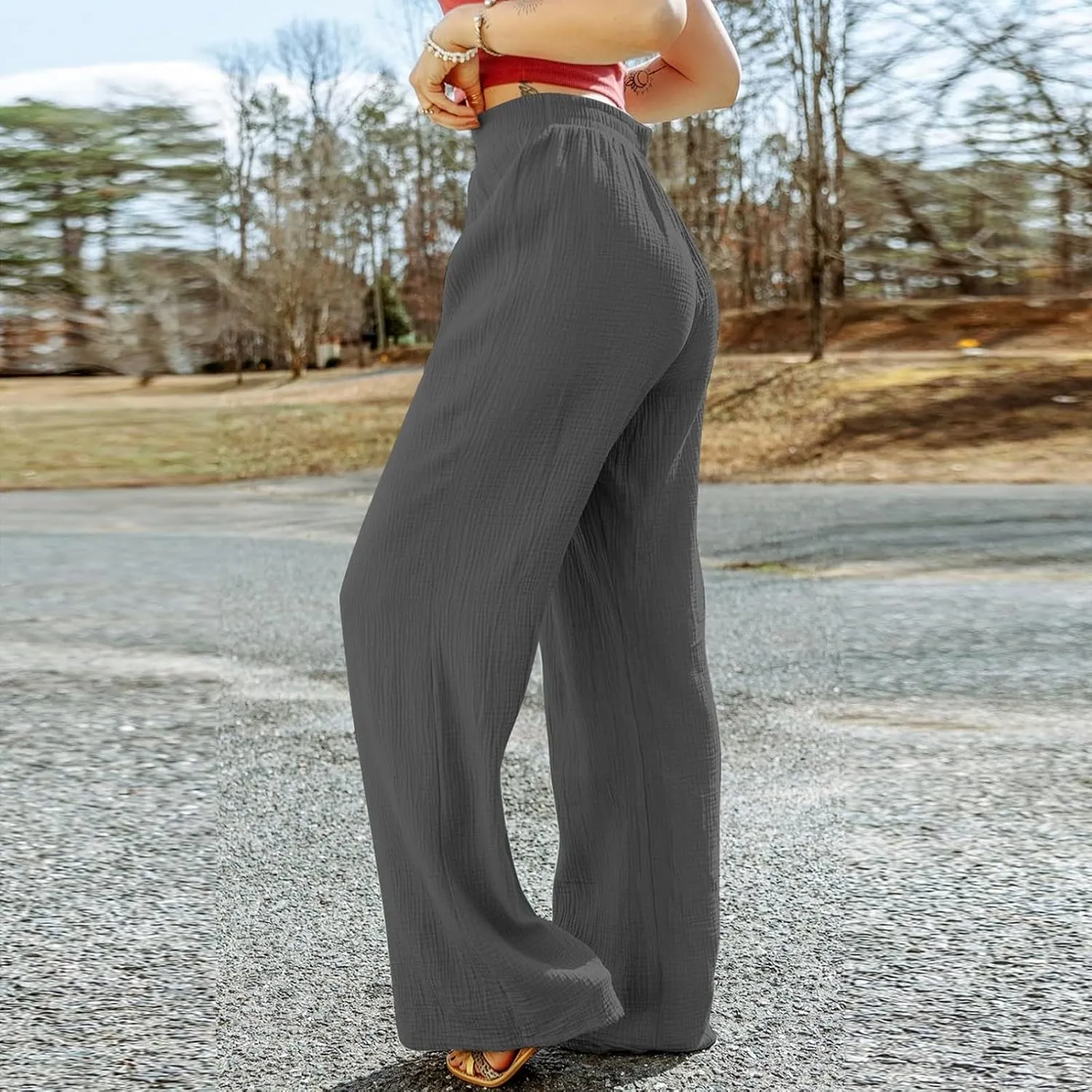Linen Dress Pants Woman Summer Casual Wide Leg Pants High Waist Boho Pants Comfy Straight Leg Trousers with Pockets