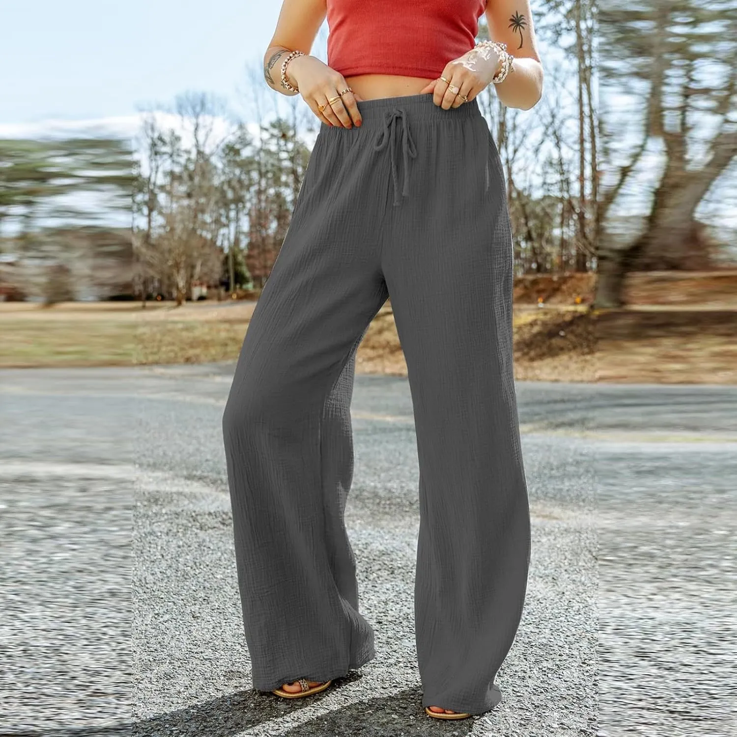 Linen Dress Pants Woman Summer Casual Wide Leg Pants High Waist Boho Pants Comfy Straight Leg Trousers with Pockets