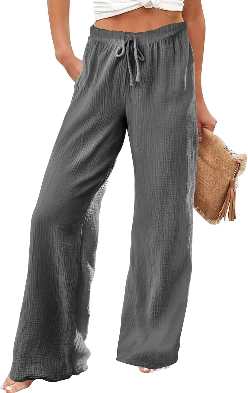 Linen Dress Pants Woman Summer Casual Wide Leg Pants High Waist Boho Pants Comfy Straight Leg Trousers with Pockets