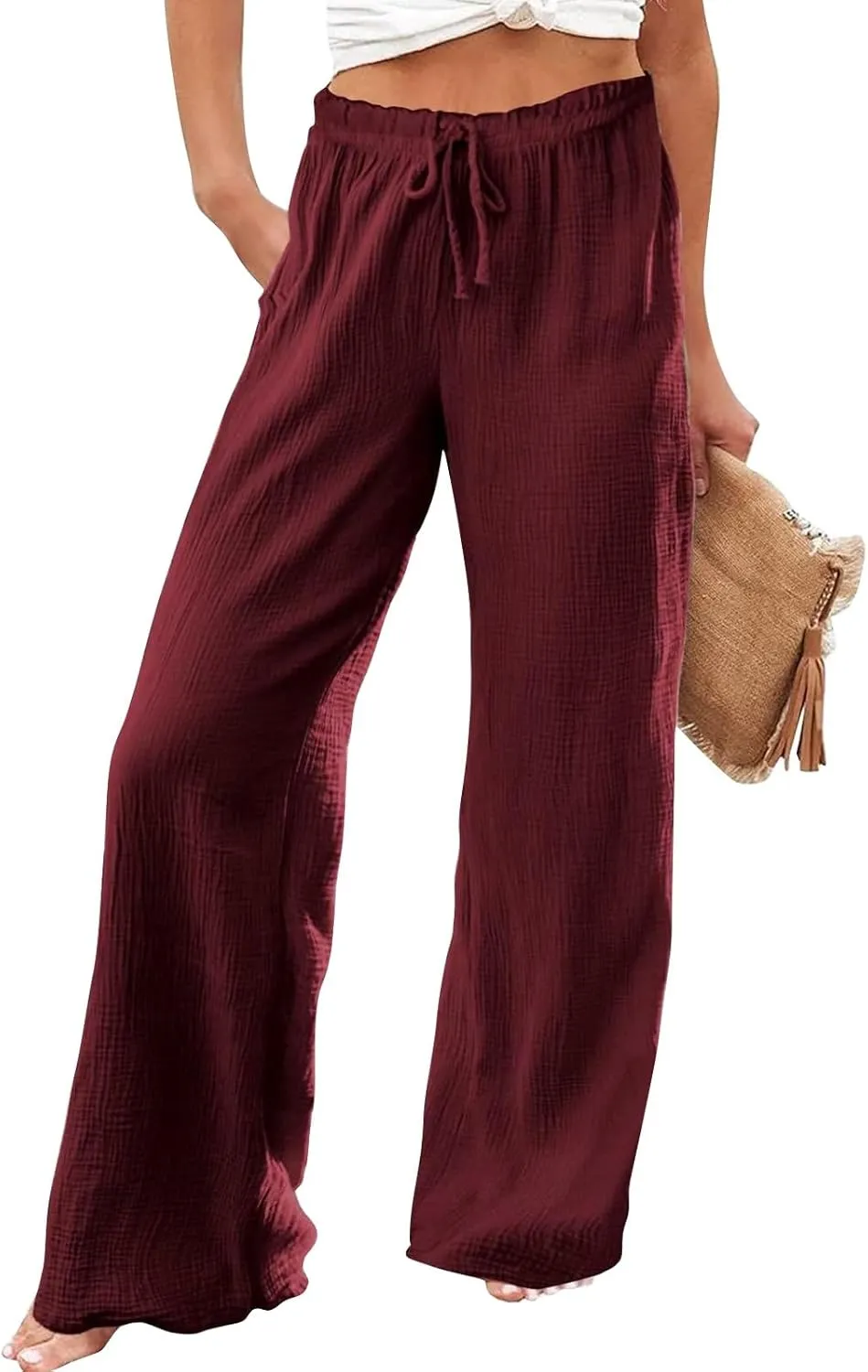 Linen Dress Pants Woman Summer Casual Wide Leg Pants High Waist Boho Pants Comfy Straight Leg Trousers with Pockets
