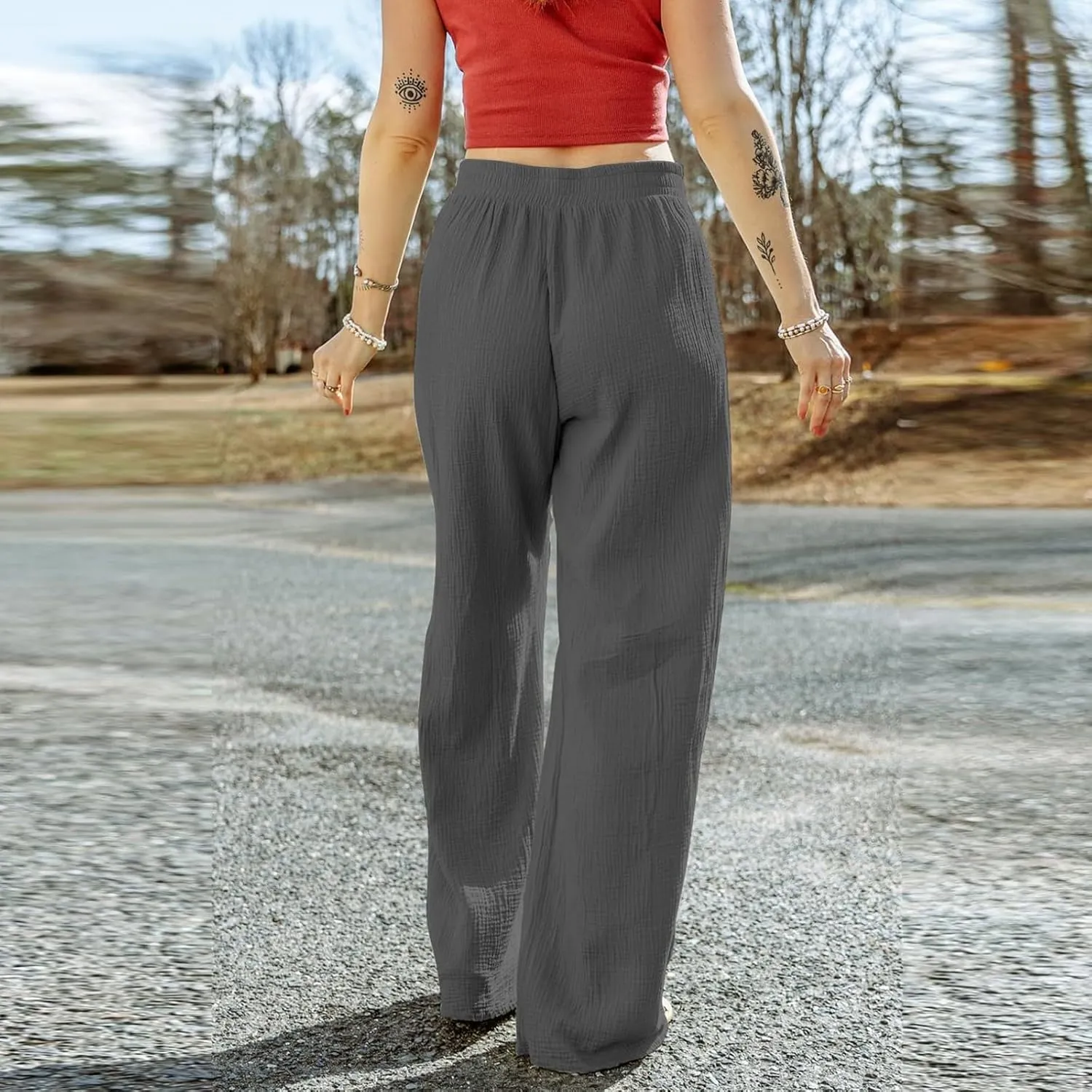 Linen Dress Pants Woman Summer Casual Wide Leg Pants High Waist Boho Pants Comfy Straight Leg Trousers with Pockets