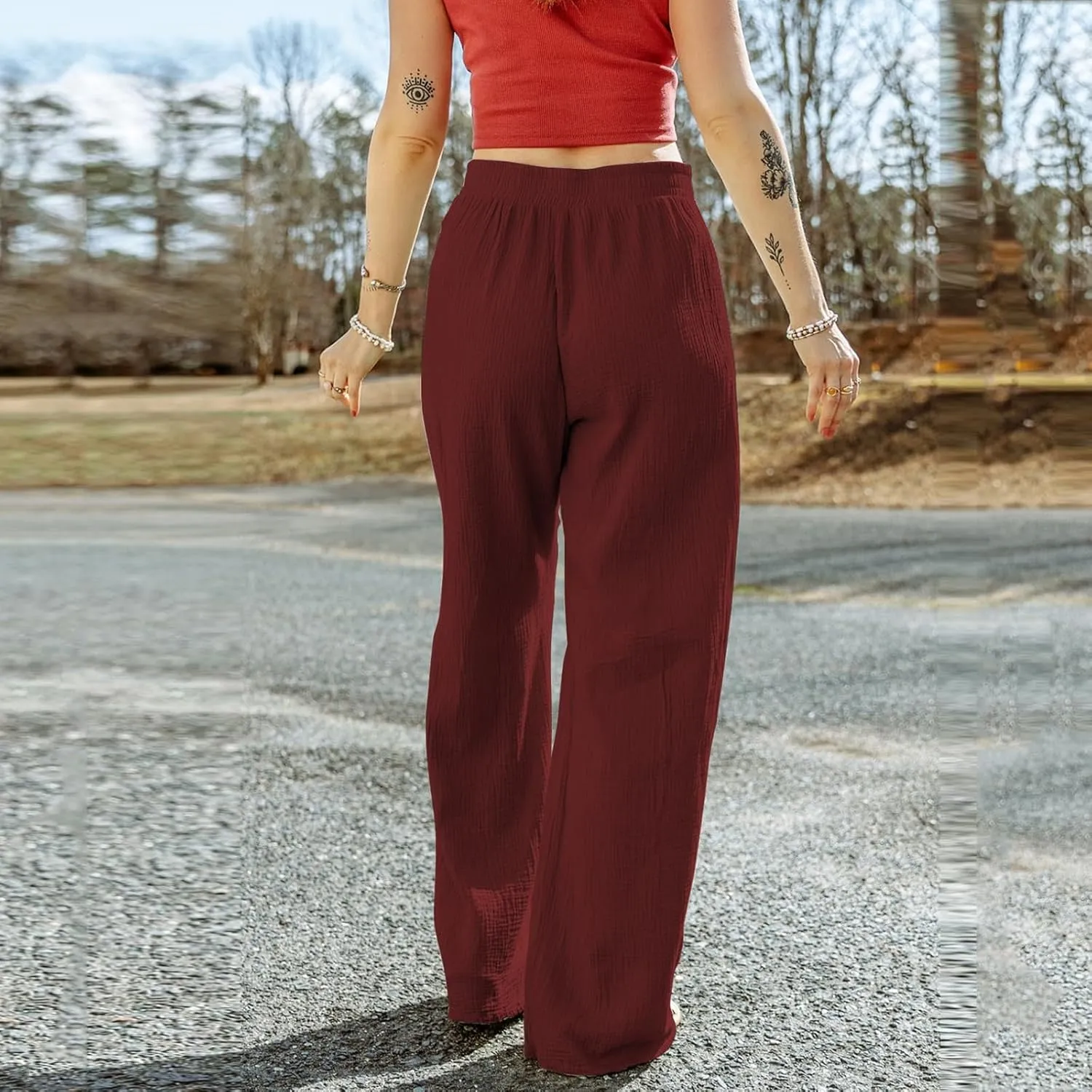 Linen Dress Pants Woman Summer Casual Wide Leg Pants High Waist Boho Pants Comfy Straight Leg Trousers with Pockets