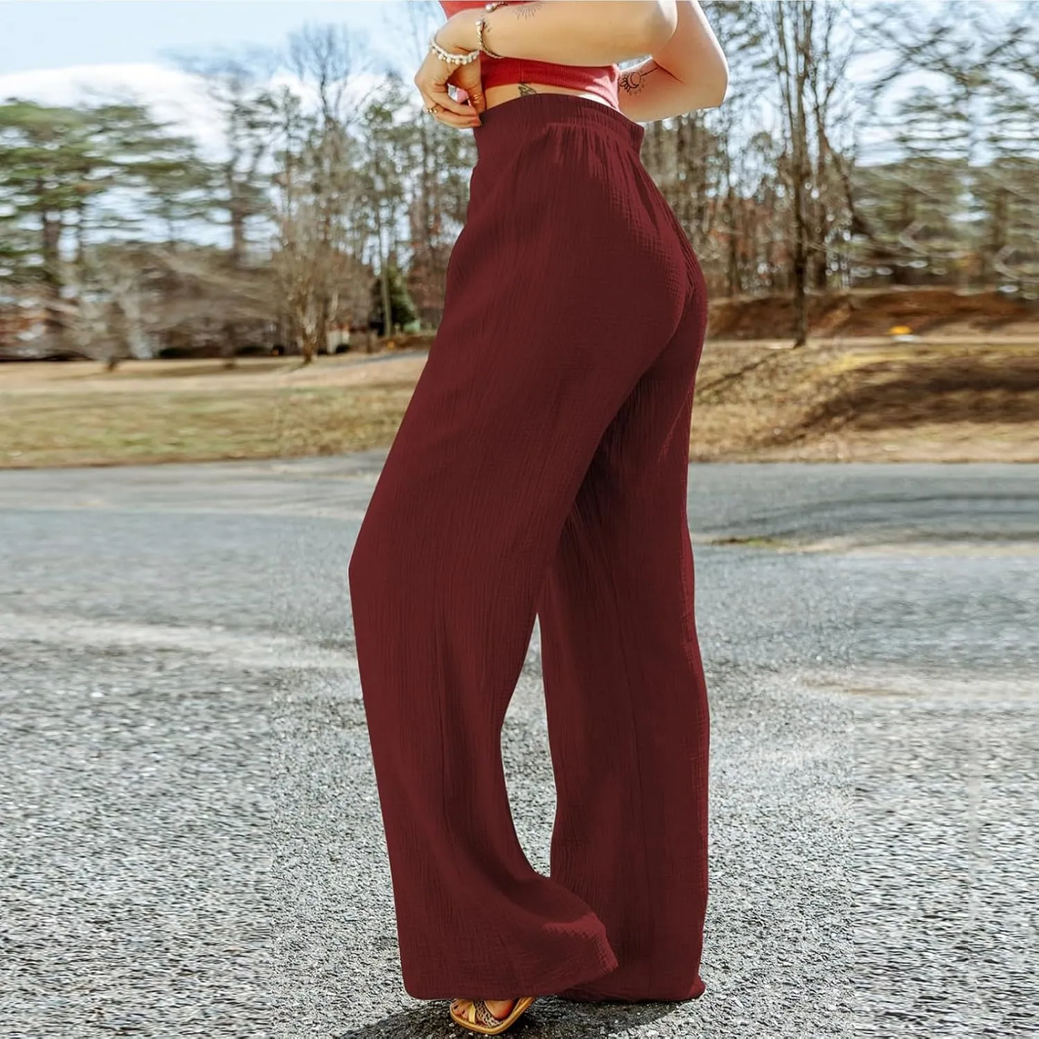 Linen Dress Pants Woman Summer Casual Wide Leg Pants High Waist Boho Pants Comfy Straight Leg Trousers with Pockets