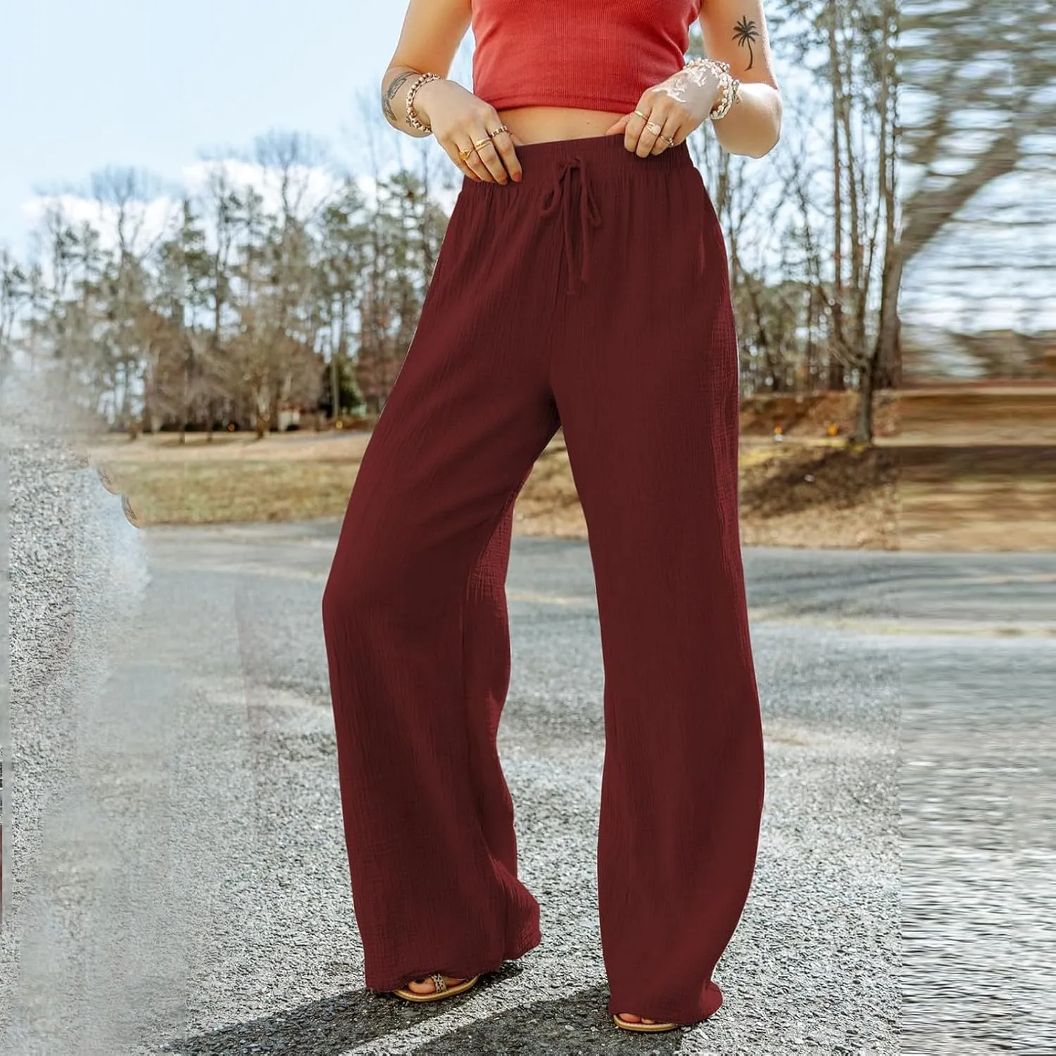 Linen Dress Pants Woman Summer Casual Wide Leg Pants High Waist Boho Pants Comfy Straight Leg Trousers with Pockets