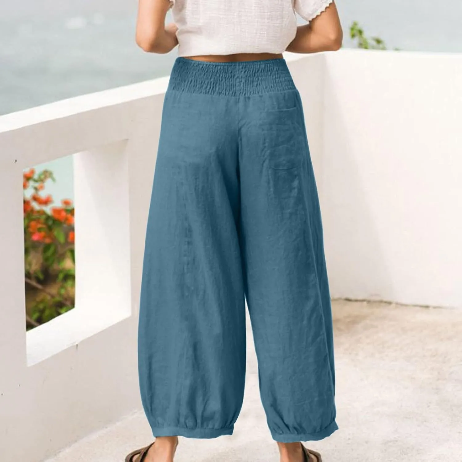 Linen Harem Pants Women Plus Size Wide Leg Elastic Waist Loose Fit Pants Baggy Palazzo Lantern Pant Beach Trousers