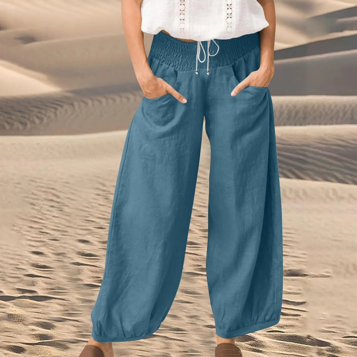 Linen Harem Pants Women Plus Size Wide Leg Elastic Waist Loose Fit Pants Baggy Palazzo Lantern Pant Beach Trousers