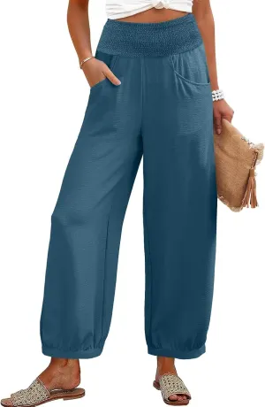 Linen Harem Pants Women Plus Size Wide Leg Elastic Waist Loose Fit Pants Baggy Palazzo Lantern Pant Beach Trousers