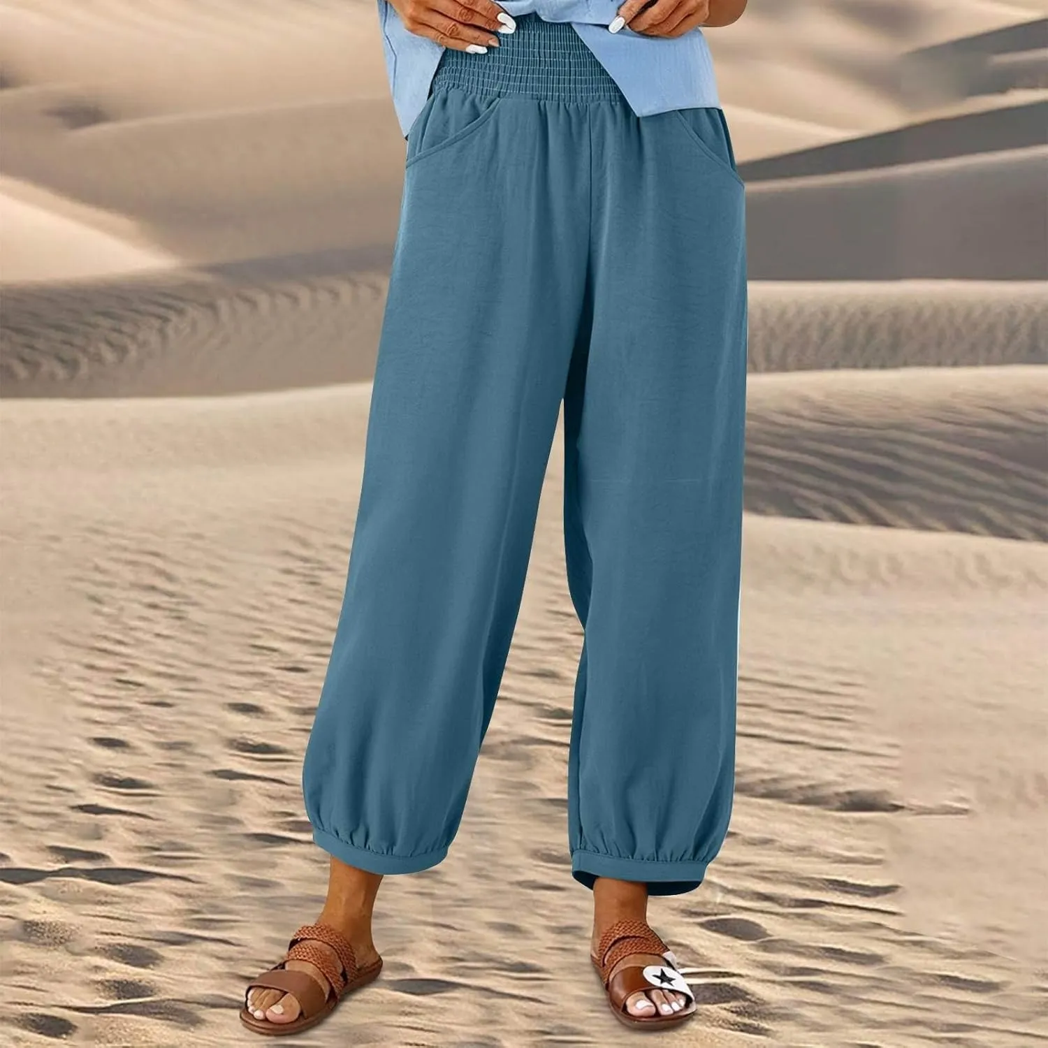 Linen Harem Pants Women Plus Size Wide Leg Elastic Waist Loose Fit Pants Baggy Palazzo Lantern Pant Beach Trousers