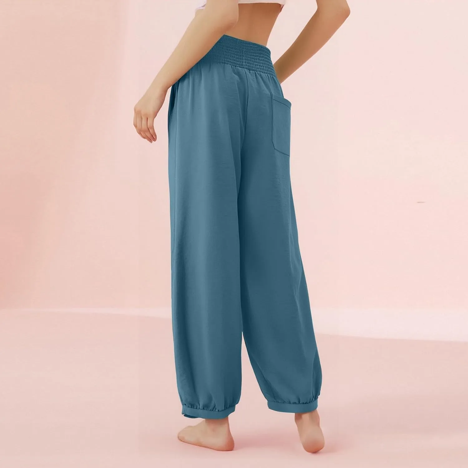 Linen Harem Pants Women Plus Size Wide Leg Elastic Waist Loose Fit Pants Baggy Palazzo Lantern Pant Beach Trousers