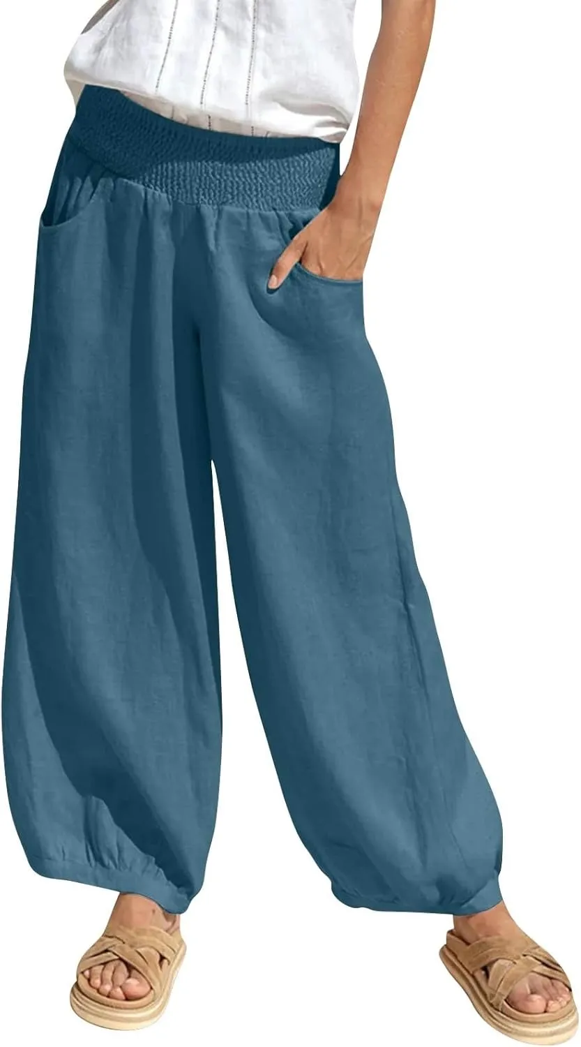 Linen Harem Pants Women Plus Size Wide Leg Elastic Waist Loose Fit Pants Baggy Palazzo Lantern Pant Beach Trousers