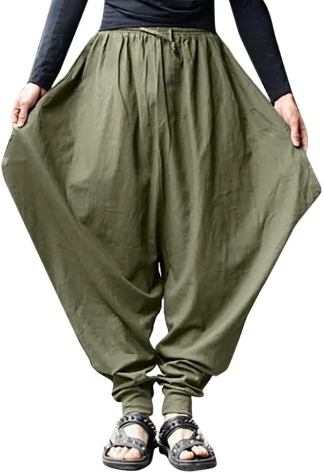 Linen Hippie Pants for Men Loose Elastic Waist Cinch Bottom Ankle Length Sweatpants Aladdin Drop Crotch Harem Pant