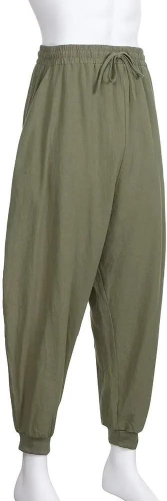 Linen Hippie Pants for Men Loose Elastic Waist Cinch Bottom Ankle Length Sweatpants Aladdin Drop Crotch Harem Pant
