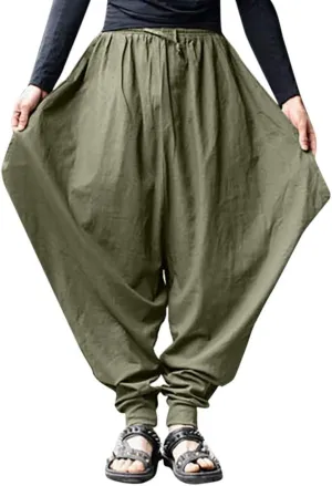 Linen Hippie Pants for Men Loose Elastic Waist Cinch Bottom Ankle Length Sweatpants Aladdin Drop Crotch Harem Pant