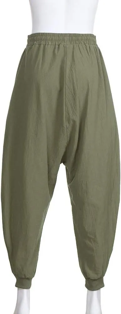 Linen Hippie Pants for Men Loose Elastic Waist Cinch Bottom Ankle Length Sweatpants Aladdin Drop Crotch Harem Pant