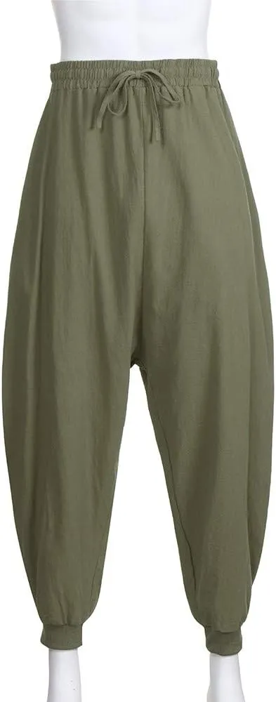 Linen Hippie Pants for Men Loose Elastic Waist Cinch Bottom Ankle Length Sweatpants Aladdin Drop Crotch Harem Pant
