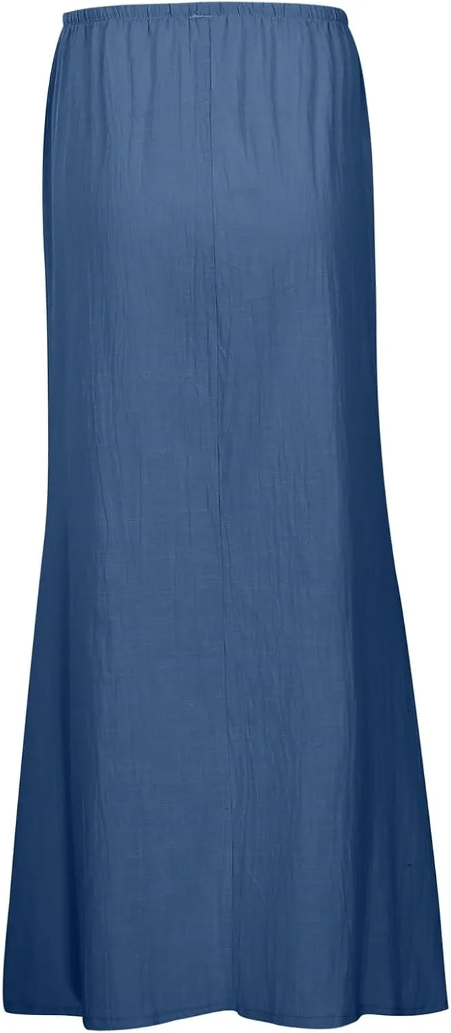 Linen Maxi Skirts for Women Trendy Summer Comfy Drawstring Waist A Line Skirts Cute Vacation Boho Long Flowy Skirts