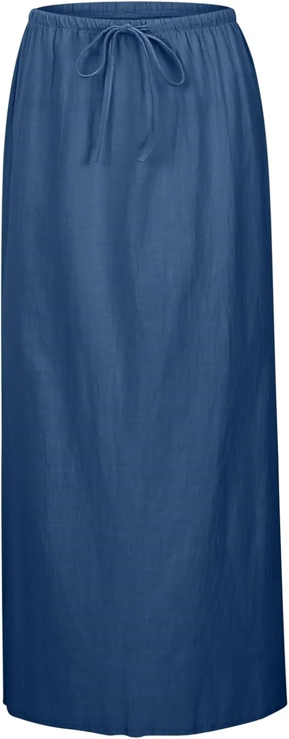 Linen Maxi Skirts for Women Trendy Summer Comfy Drawstring Waist A Line Skirts Cute Vacation Boho Long Flowy Skirts