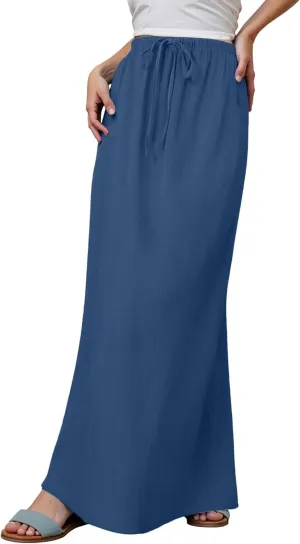 Linen Maxi Skirts for Women Trendy Summer Comfy Drawstring Waist A Line Skirts Cute Vacation Boho Long Flowy Skirts