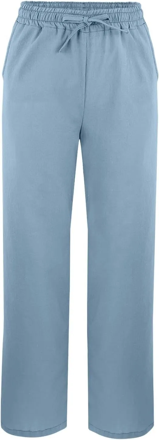 Linen Pants for Women 2025 Summer High Waist Elastic Drawstring Straight Leg Lounge Casual Lightweight Beach Trousers