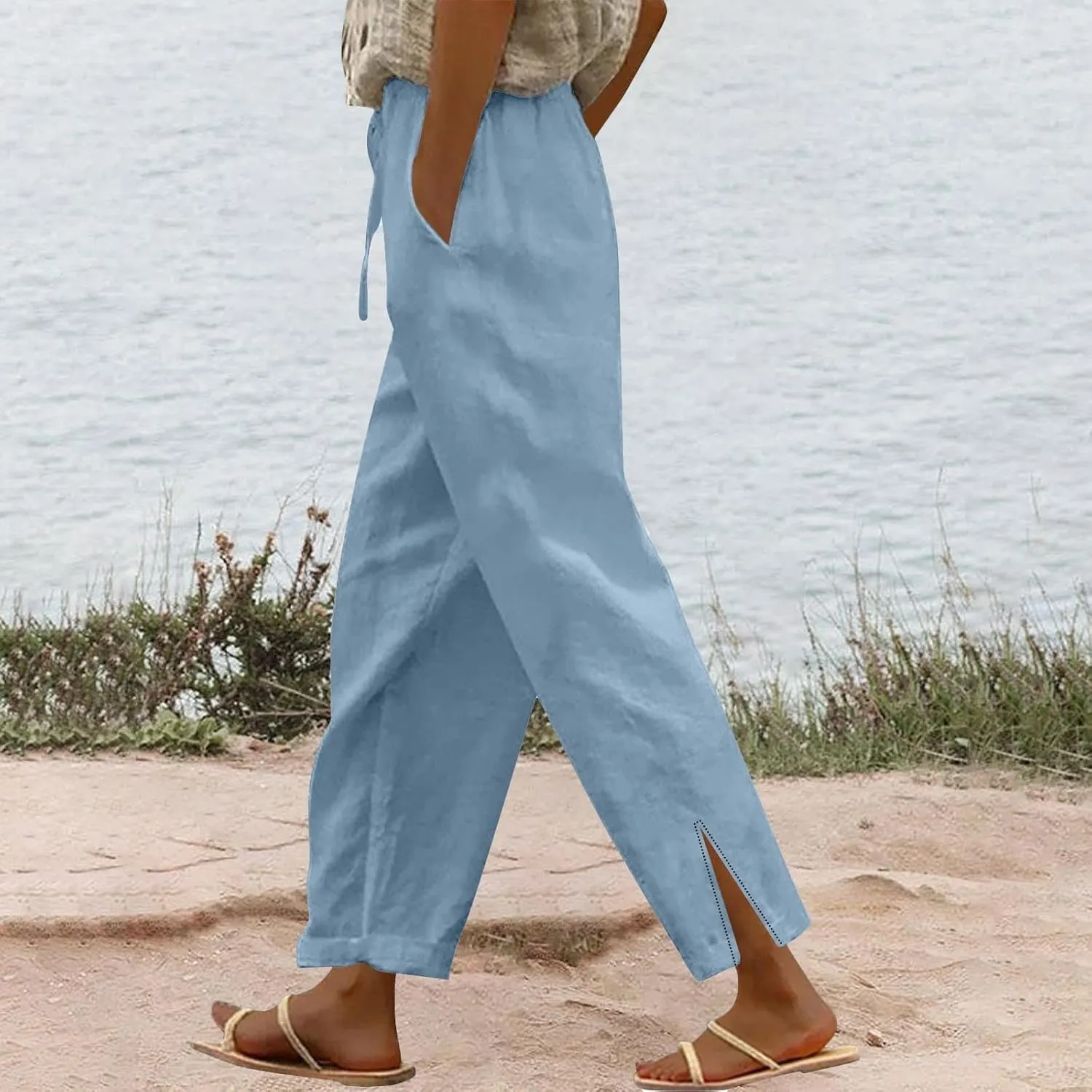 Linen Pants for Women 2025 Summer High Waist Elastic Drawstring Straight Leg Lounge Casual Lightweight Beach Trousers