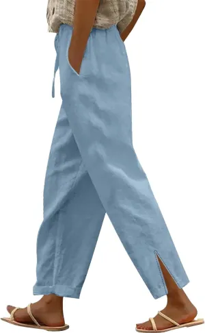 Linen Pants for Women 2025 Summer High Waist Elastic Drawstring Straight Leg Lounge Casual Lightweight Beach Trousers