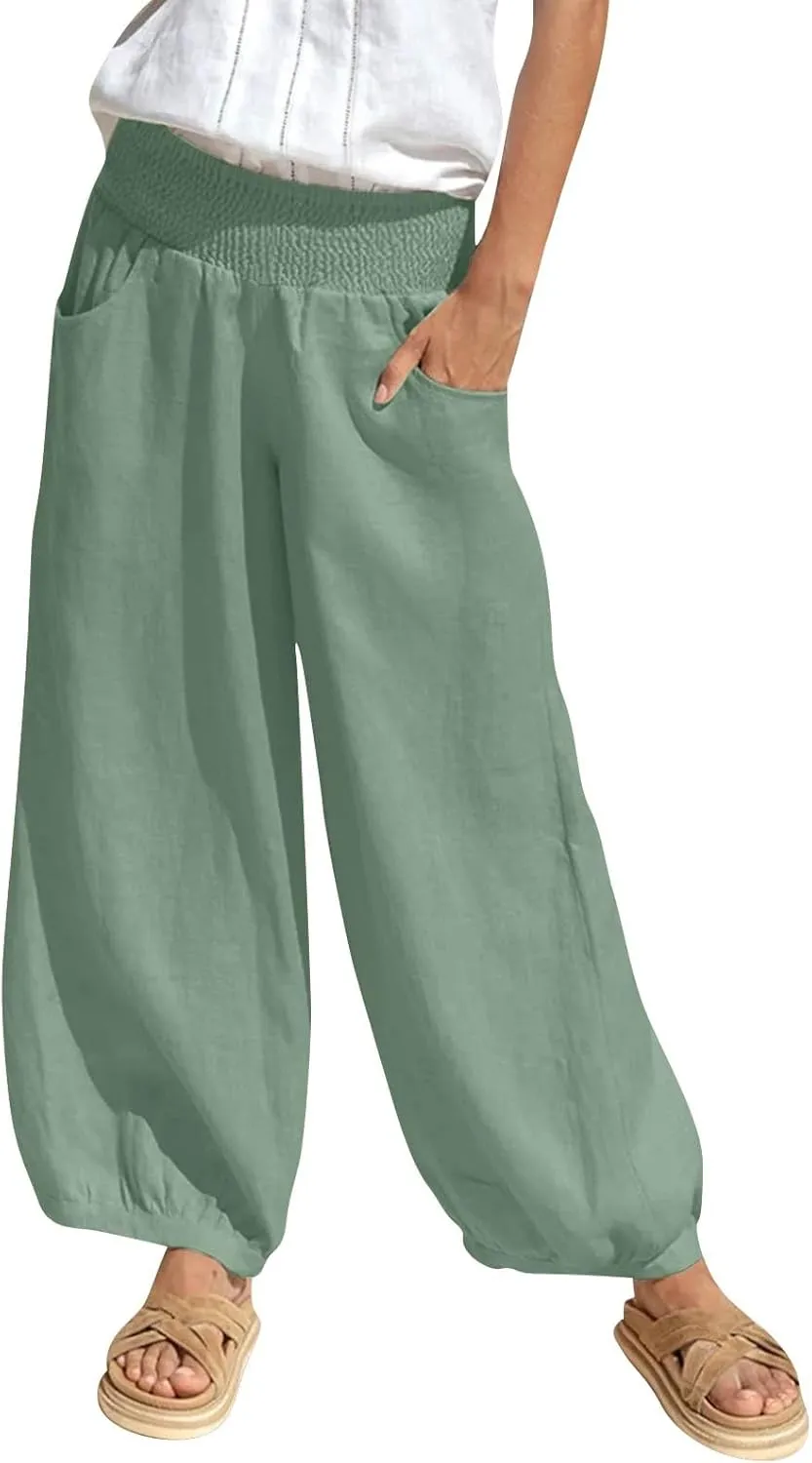 Linen Pants Women Wide Leg High Waisted Summer Pants 2025 Vacation Loose Fit Lightweight Casual Beach Palazzo Trousers