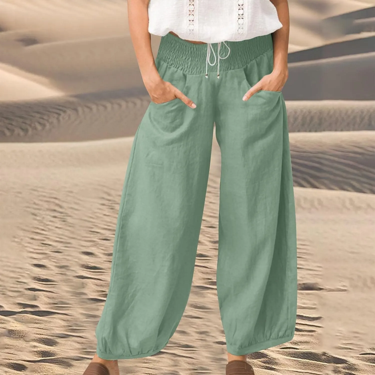 Linen Pants Women Wide Leg High Waisted Summer Pants 2025 Vacation Loose Fit Lightweight Casual Beach Palazzo Trousers