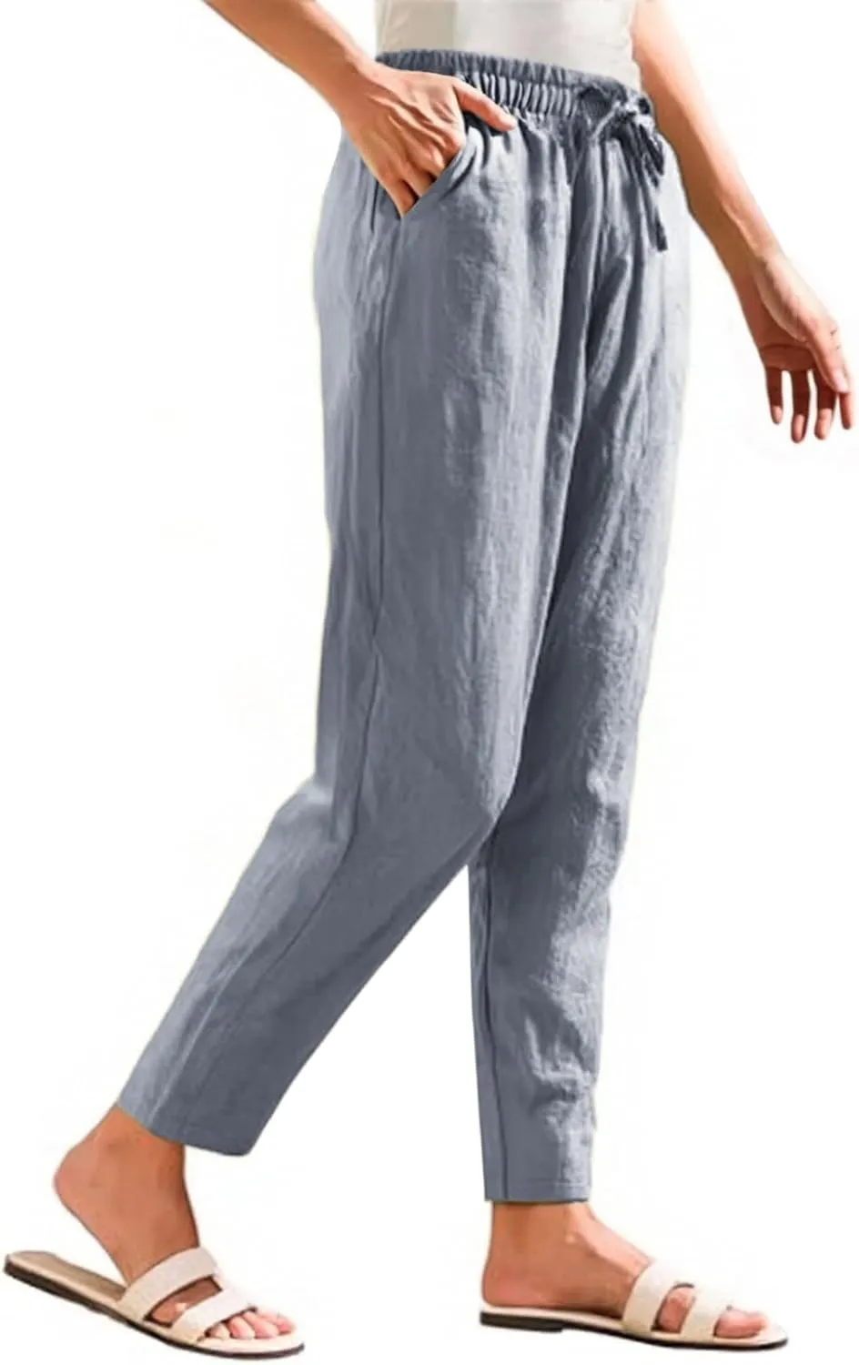 Linen Pants Women Wide Leg Palazzo Pants High Elastic Waisted Lounge Pants with Pockets Drawstring
