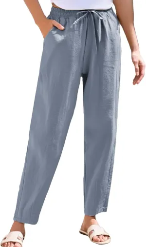 Linen Pants Women Wide Leg Palazzo Pants High Elastic Waisted Lounge Pants with Pockets Drawstring