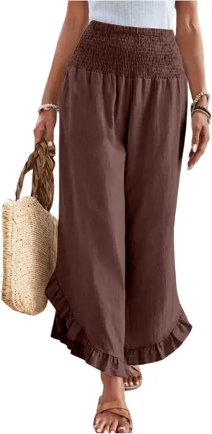 Linen Pants Women Wide Leg Smocked Waist Ruffle Hem Summer Palazzo Baggy Casual Boho Flowy Beach Trouser with Pockets
