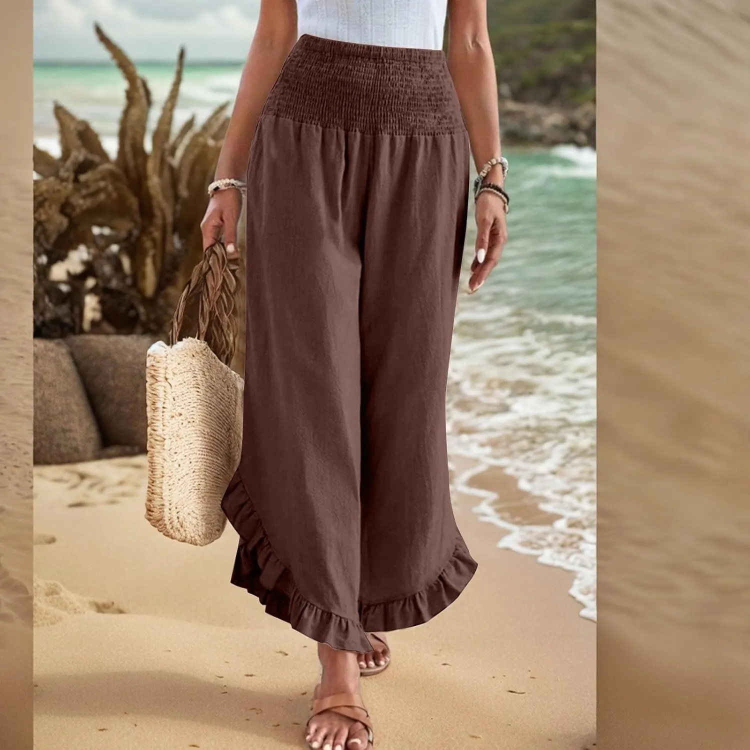 Linen Pants Women Wide Leg Smocked Waist Ruffle Hem Summer Palazzo Baggy Casual Boho Flowy Beach Trouser with Pockets