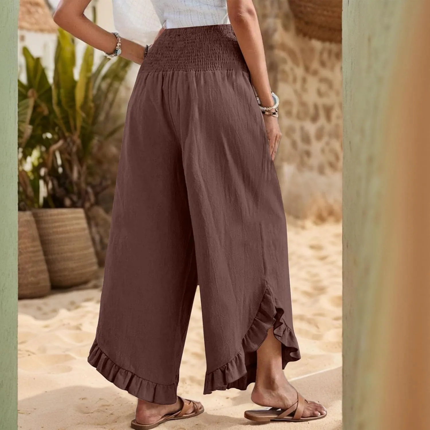 Linen Pants Women Wide Leg Smocked Waist Ruffle Hem Summer Palazzo Baggy Casual Boho Flowy Beach Trouser with Pockets