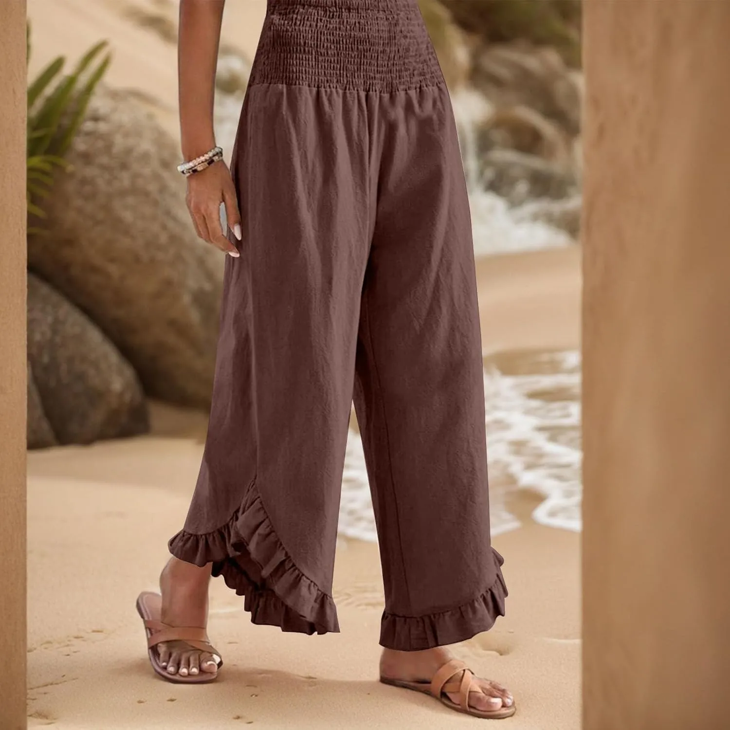 Linen Pants Women Wide Leg Smocked Waist Ruffle Hem Summer Palazzo Baggy Casual Boho Flowy Beach Trouser with Pockets