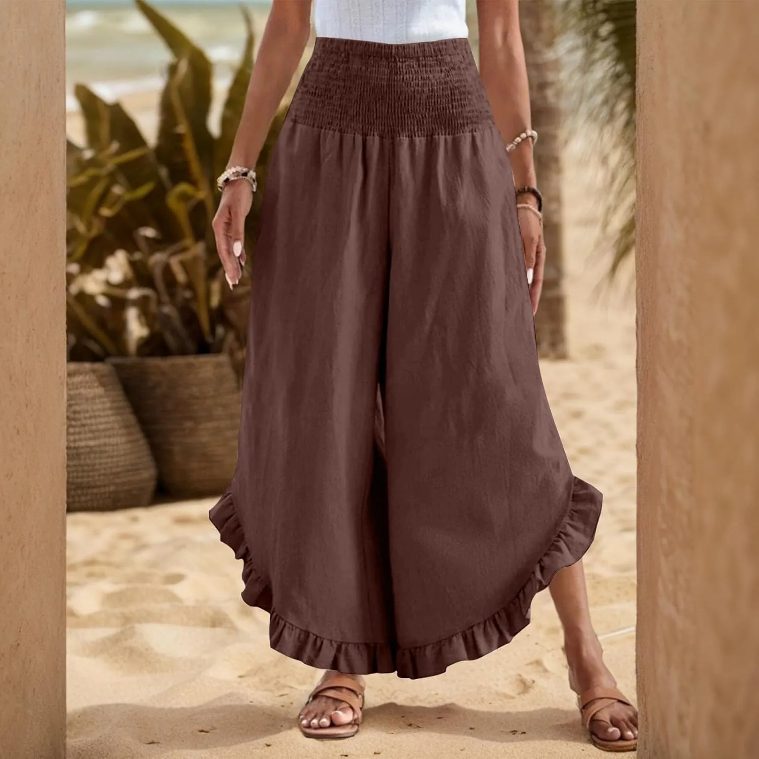 Linen Pants Women Wide Leg Smocked Waist Ruffle Hem Summer Palazzo Baggy Casual Boho Flowy Beach Trouser with Pockets